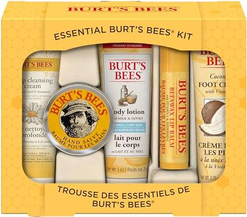 Burt's Bees Essential Gift Set, Lip Balm, Hand Salve, Body Lotion, Foot Cream & Face Cleanser, 5 Travel Size Products Prime Day Exclusive