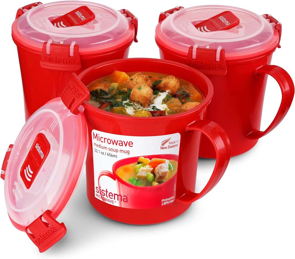 3 pack of Sistema Microwave Soup Mugs | 656 ml | Microwave Food Containers with Steam Release Vents - Prime Exclusive