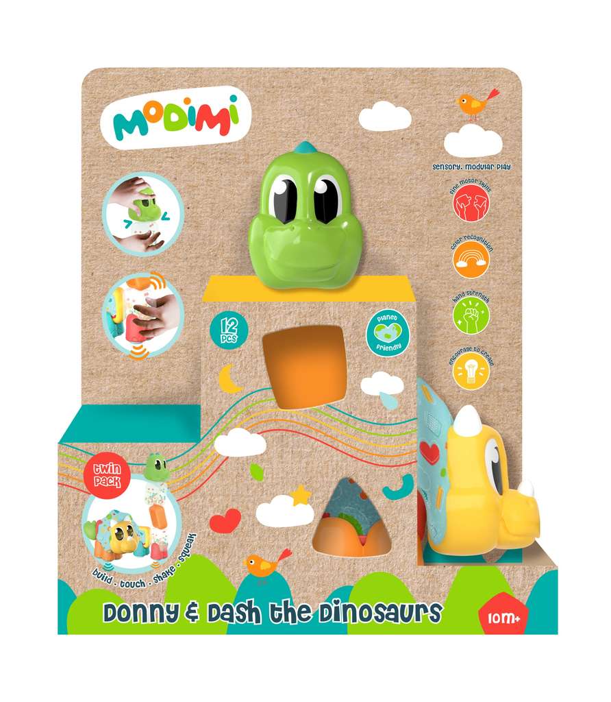Modimi: Donny and Dash the Dinosaurs, 12-Piece Sensory, Modular Playset