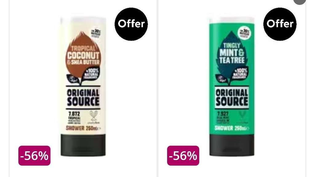 Original source shower gel £1 - coconut/shea & Vanilla/raspberry 250ml Free click & collect
