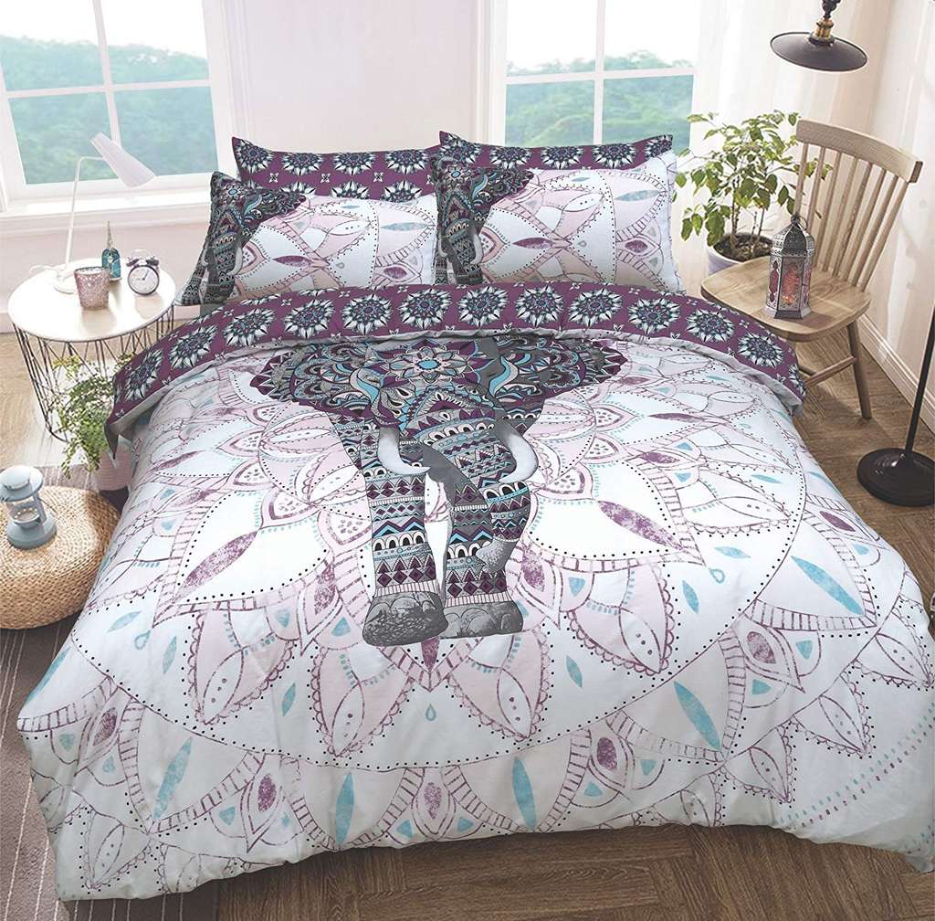 Sleepdown Elephant Mandala Purple Bed Reversable Quilt Duvet Cover Set Sold by Sleepdown_