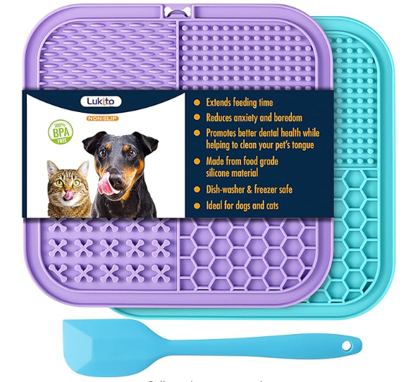 LUKITO Licking Mat for Dogs & Cats 2 Pack with Suction Cups, Dog Peanut Butter Lick Pads for Boredom Reducer, Perfect for Bathing Grooming (Blue&Purple+1 Spatula)
