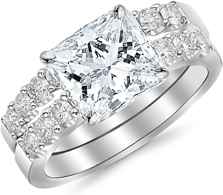 14K White Gold 2.01 CTW Princess Cut Classic Prong Set Bridal Set With Wedding Band and Diamond Engagement Ring, K Color I2 Clarity, 1 Ct Center