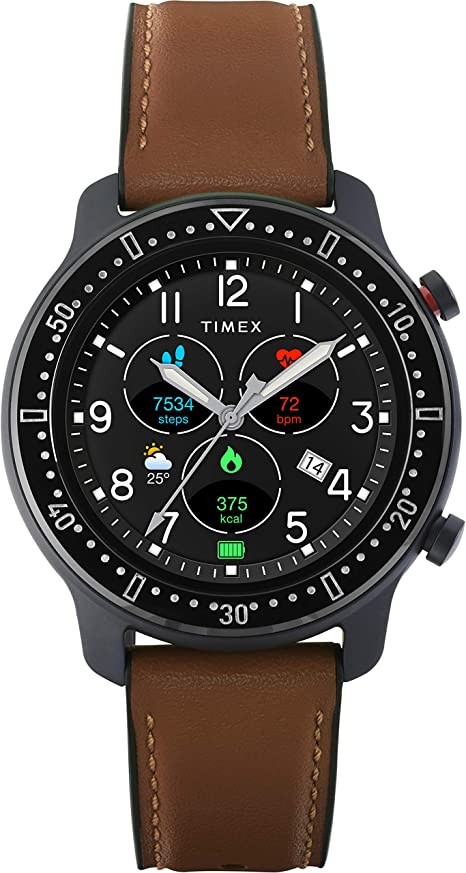 Timex Metropolitan RAM AMOLED Smartwatch GPS and Heart Rate 42mm – Black with Brown Leather and Silicone Strap, Brown/Bronze, Modern