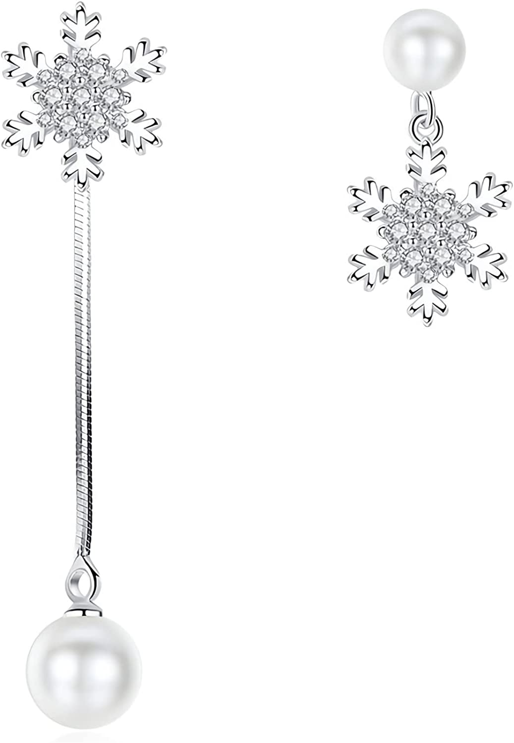 Mismatched's Women's Earrings, Zircon Inlaid Snowflake Drop Pearl Earrings, Zinc, Pearls