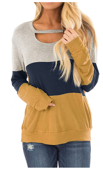 Minclouse Women's Colorblock Long Sleeve Tunic Cutout Choker Top Round Neck Casual Loose Shirt Cute Sweatshirt