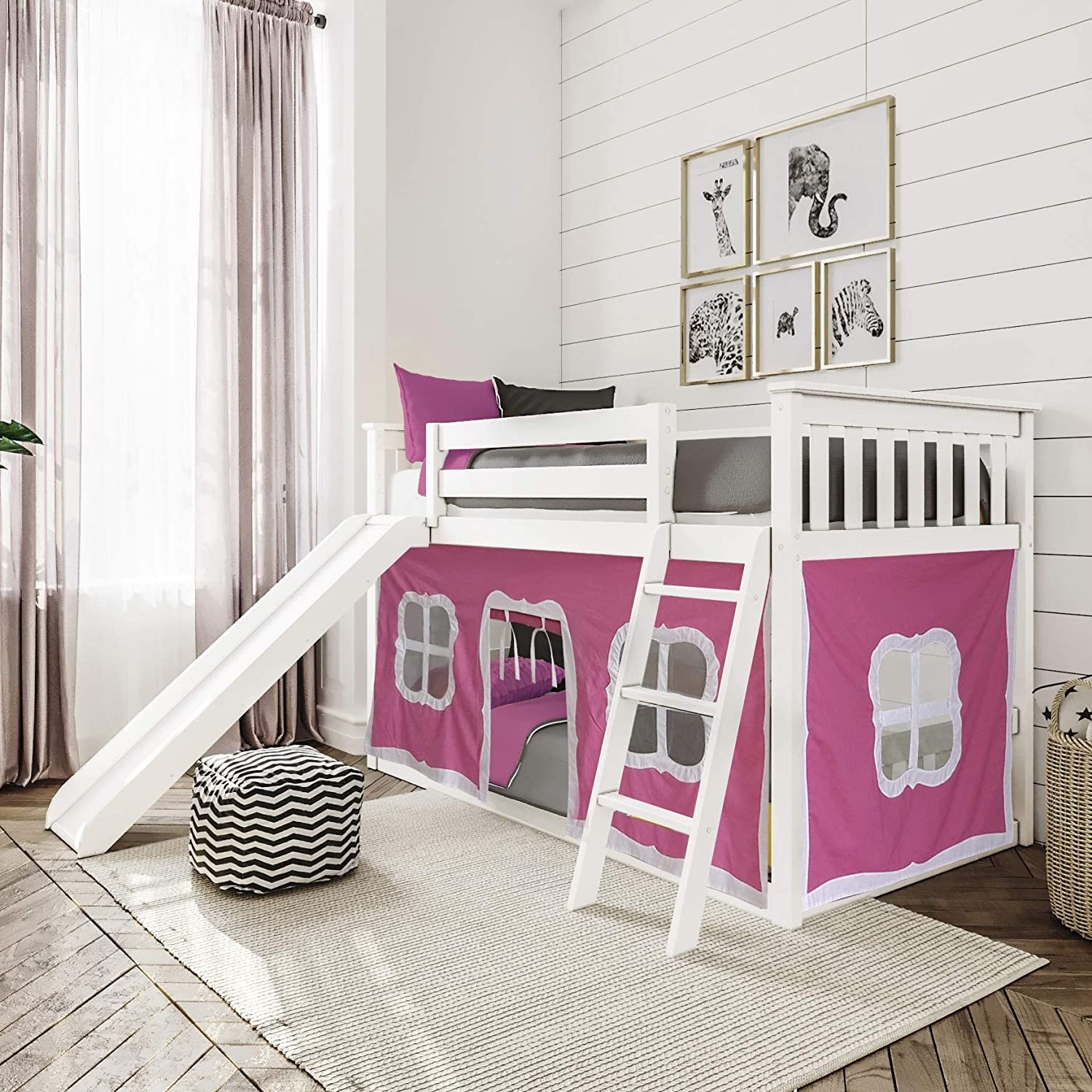 Max & Lily Low Bunk Bed with Slide, Twin-Over-Twin Bed Frame For Kids With Curtains For Bottom