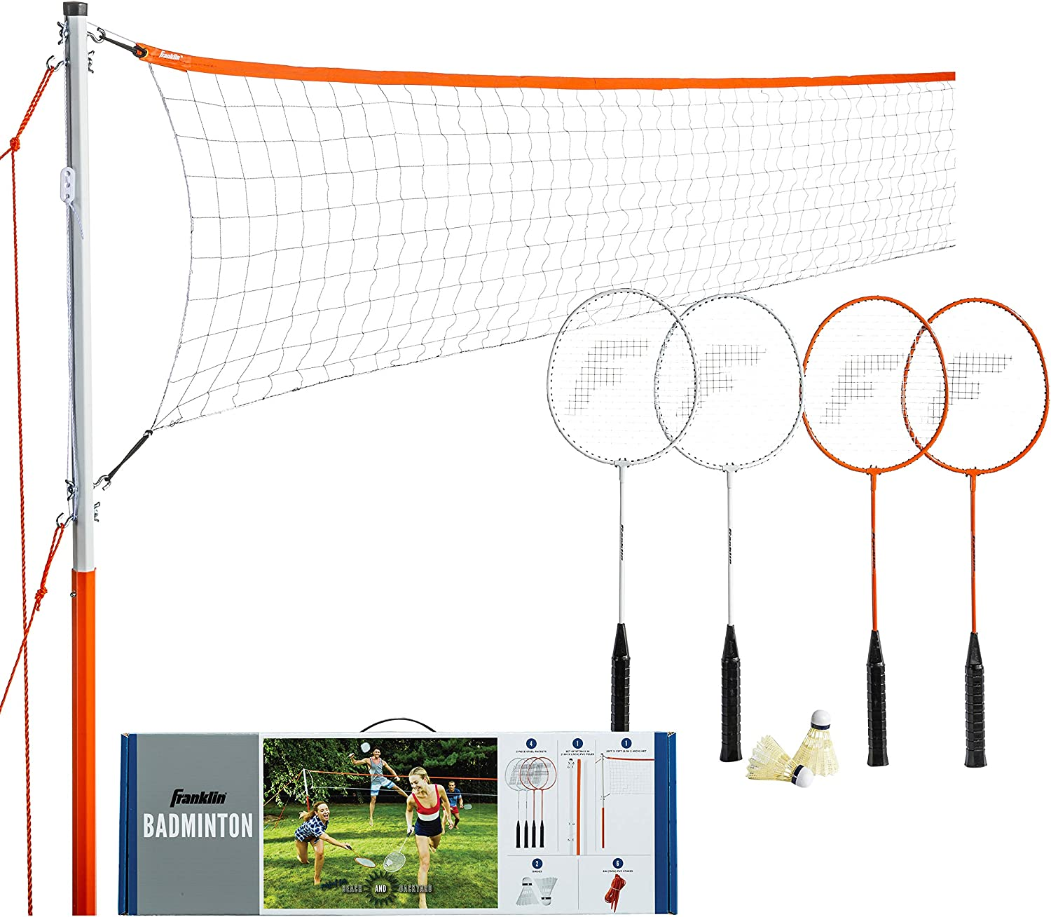 Franklin Sports Badminton Net Sets - Outdoor Backyard + Beach Badminton Net + Equipment Set - (4) Rackets + (2) Birdies + Portable Net Included
