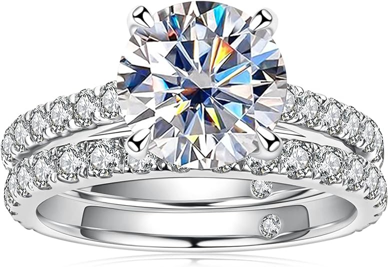 AnuClub （Total 4.14ct ）3CT Center Moissanite Engagement Rings Wedding Band D Color VVS1 Round Cut 925 Sterling Silver Bridal Sets for Women