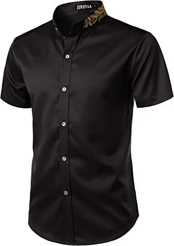 ZEROYAA Men's Trendy Gold Embroidered Cheongsam Collar Slim Short Sleeve Casual Dress Shirt, Gold