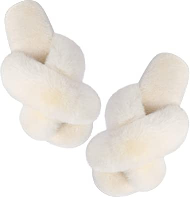 Women's Cross Strap Slippers Soft Plush Comfortable Open Toe Home Shoes Indoor and Outdoor Artificial Rabbit Fur Warm and Comfortable Slip-On Breathable
