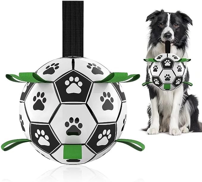 QDAN Dog Toys Soccer Ball with Straps, Interactive Dog Toys for Tug of War, Puppy Birthday Gifts, Dog Tug Toy, Dog Water Toy, Durable Dog Balls World Cup for Small & Medium Dogs（6 Inch）