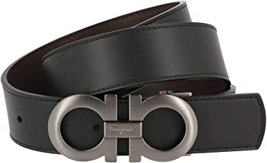 Salvatore Ferragamo Men's Gunmetal Gancini Logo Buckle Belt Reversible Black Brown