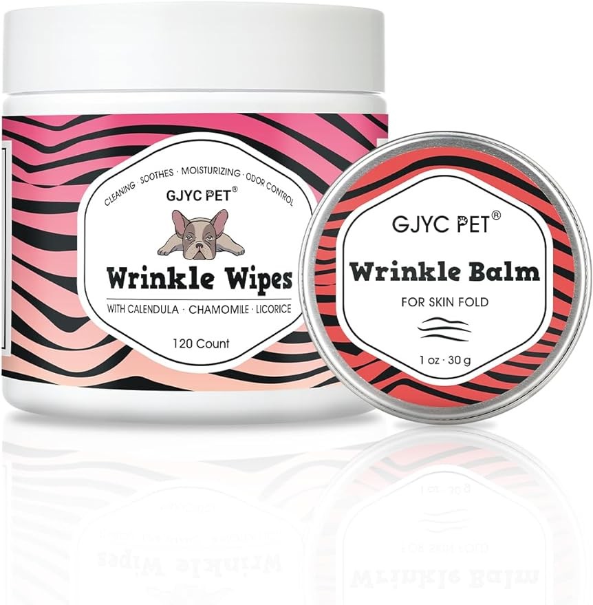 GJYC PET Wrinkle Wipes + Wrinkle Balm for Dogs | Bulldog, French Bulldog, Pug, English Bulldog | Cleans & Soothes Wrinkles, Folds, Tear Stain, Tail Pockets & Paws